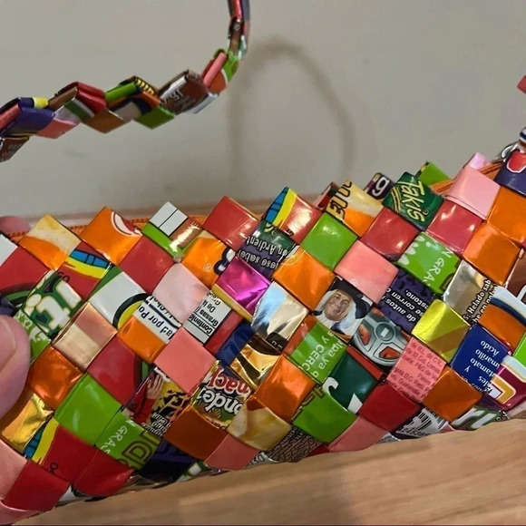 Recycled Candy Wrapper Purse Woven Shoulder Bag Recycled Wearable Art Y2K - Picture 3 of 11